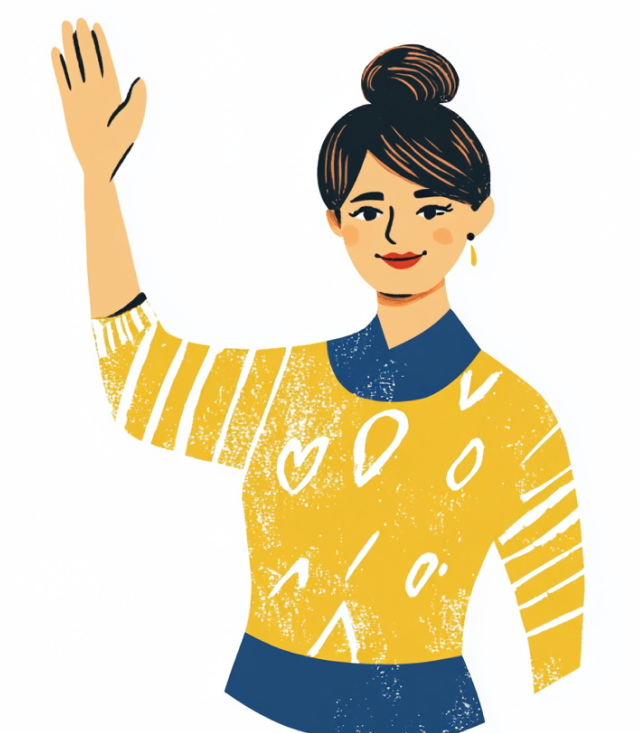 Woman in yellow striped sweater waving